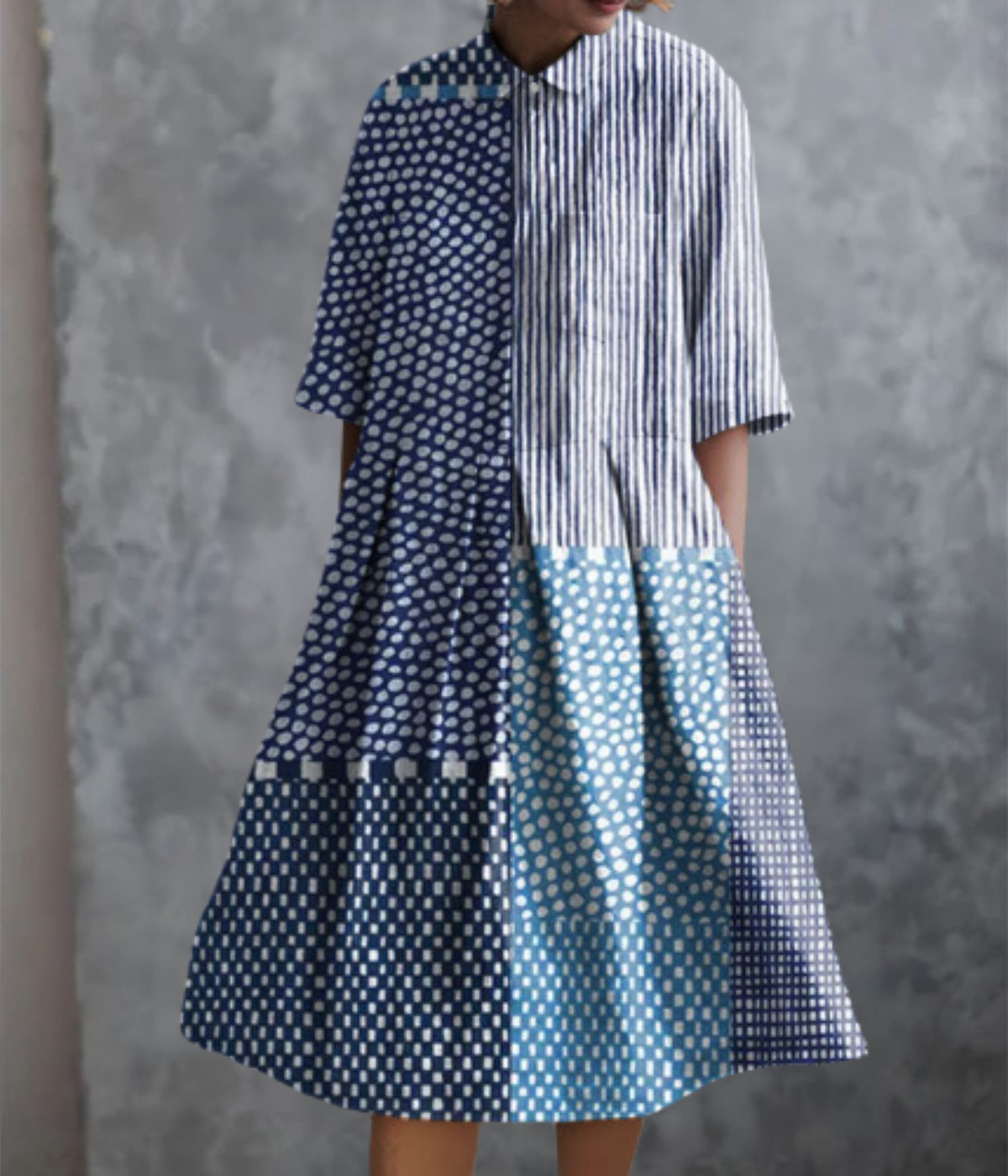 ミックスブルーのダブルポケットドレス