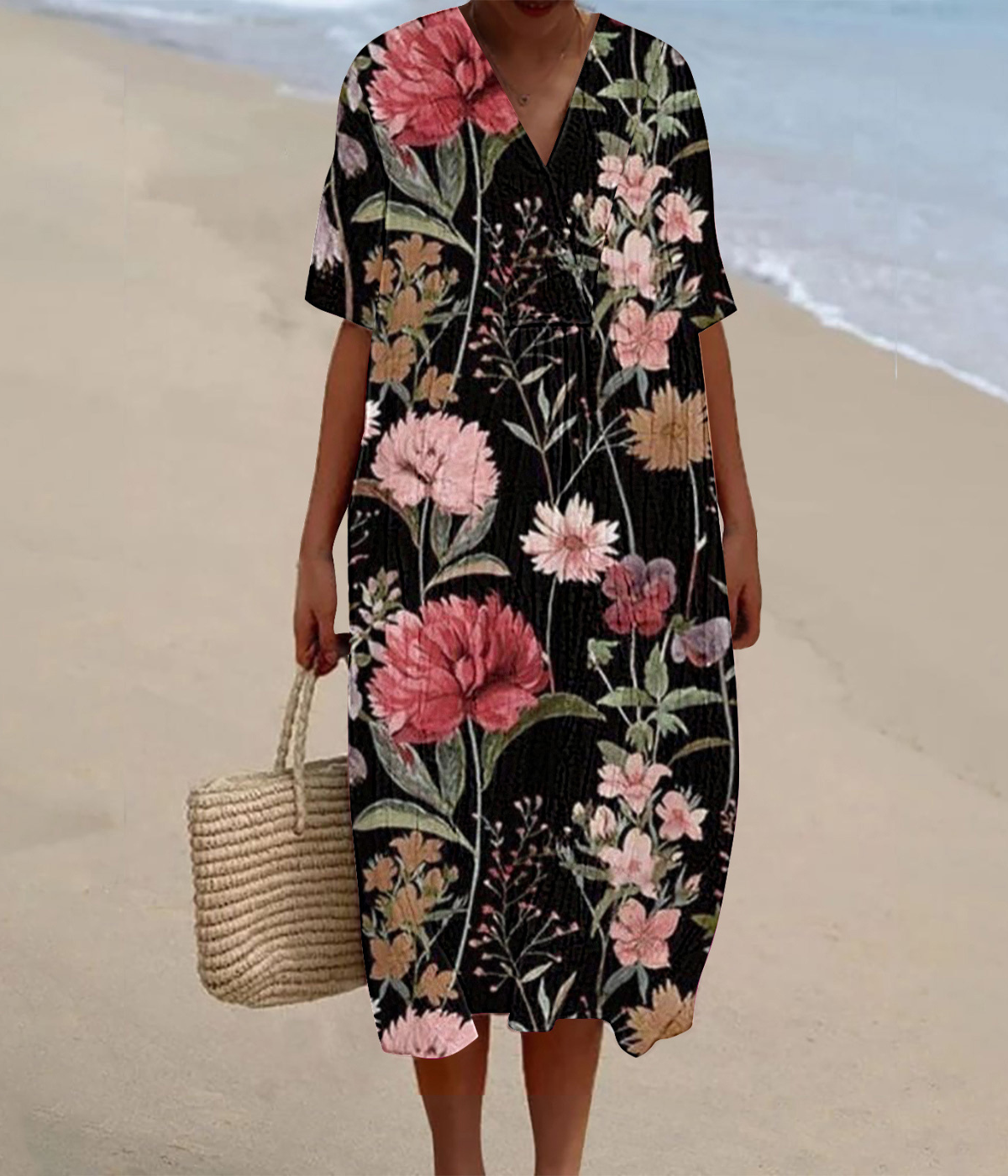 黒地にピンクの花柄のVネックロングワンピース