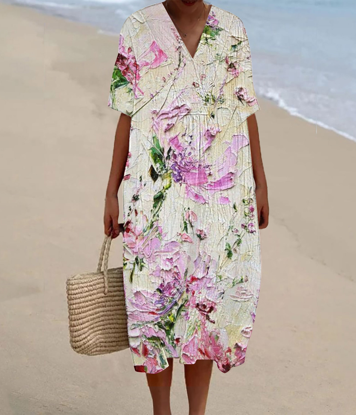 ピンクの花柄のVネックロングワンピース