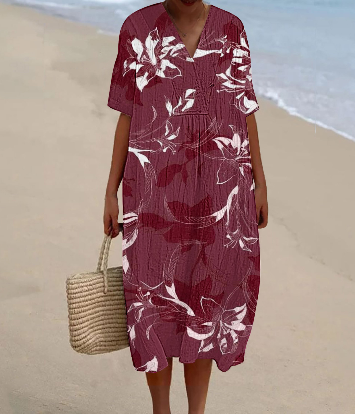 ワインレッドの花柄のVネックロングワンピース