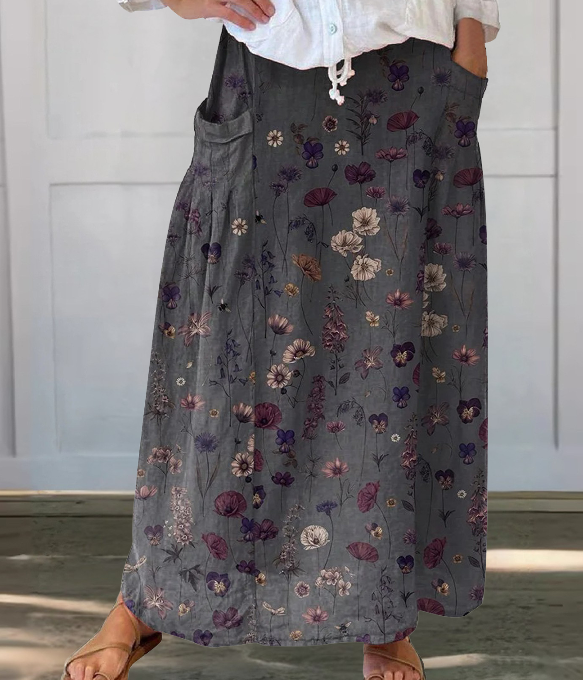 紫の花柄ロングスカート