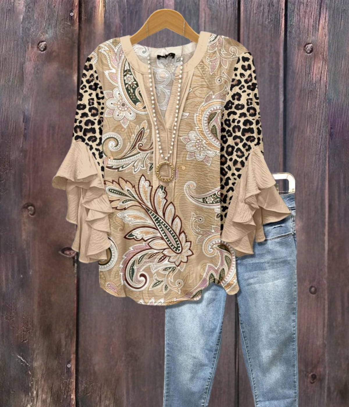 ブラウンフローラルプリントVネックシャツ