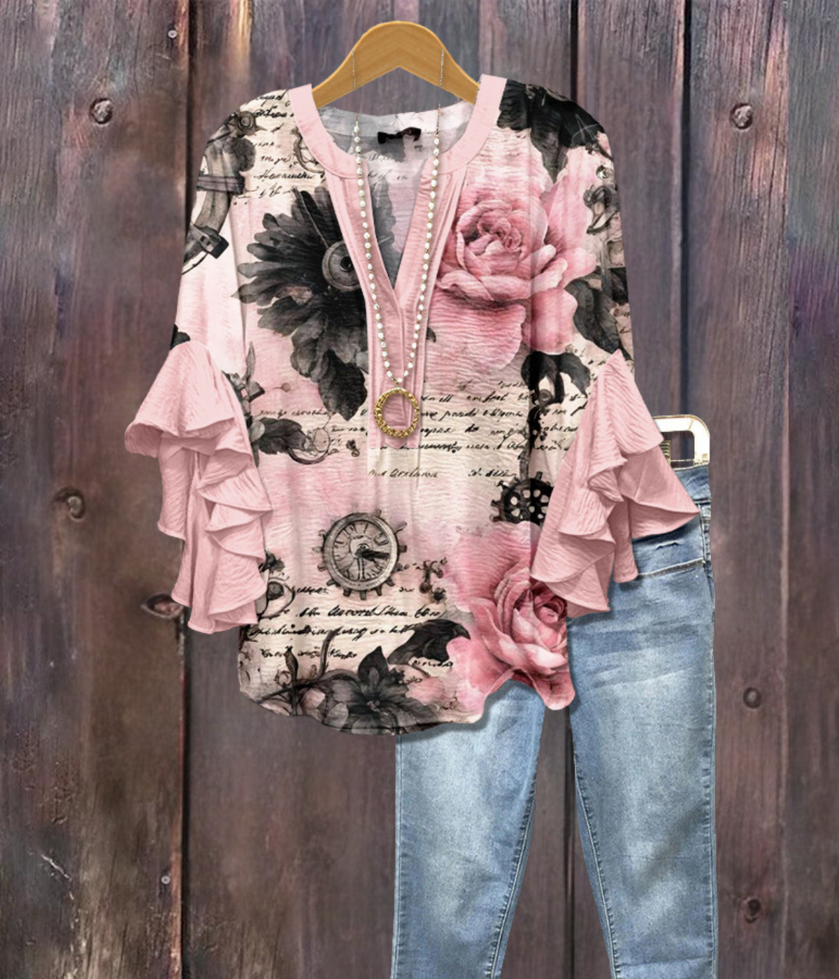 ピンク・ブラック・ロータス・フローラルプリントVネックシャツ