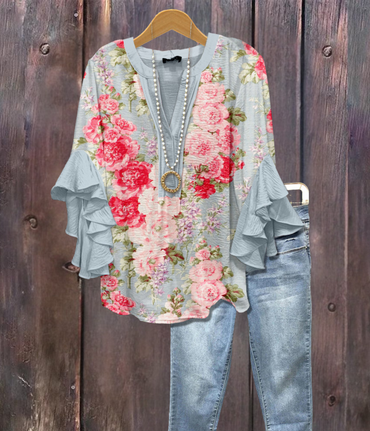 ブルーレッドフローラルプリントVネックシャツ