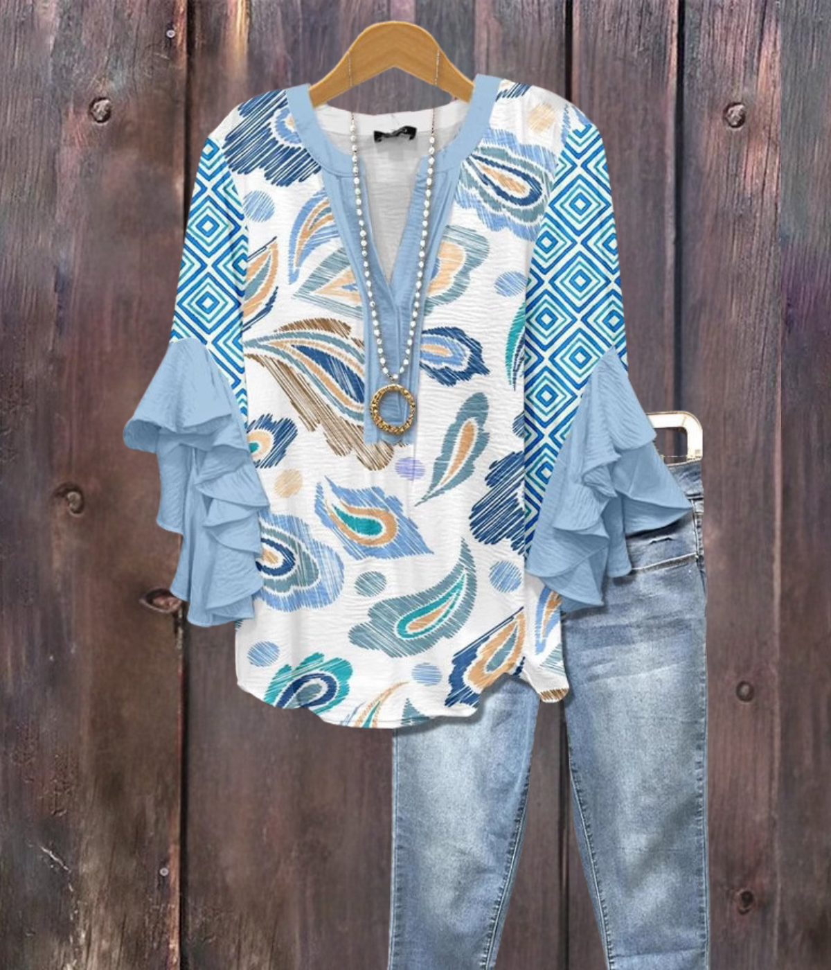 ブルーマルチ フラワープリント Vネックシャツ