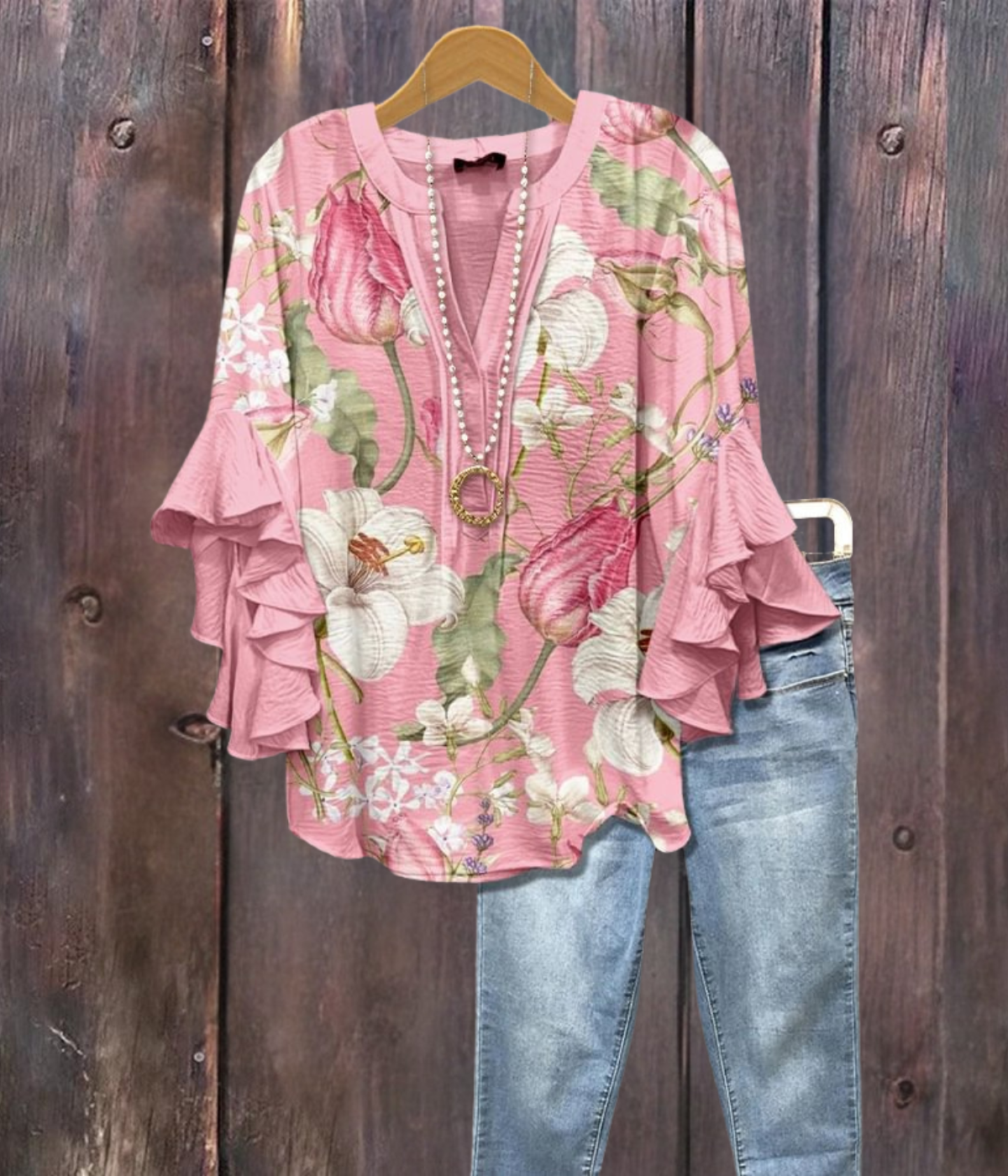 ピンクロータス フローラルプリント Vネックシャツ