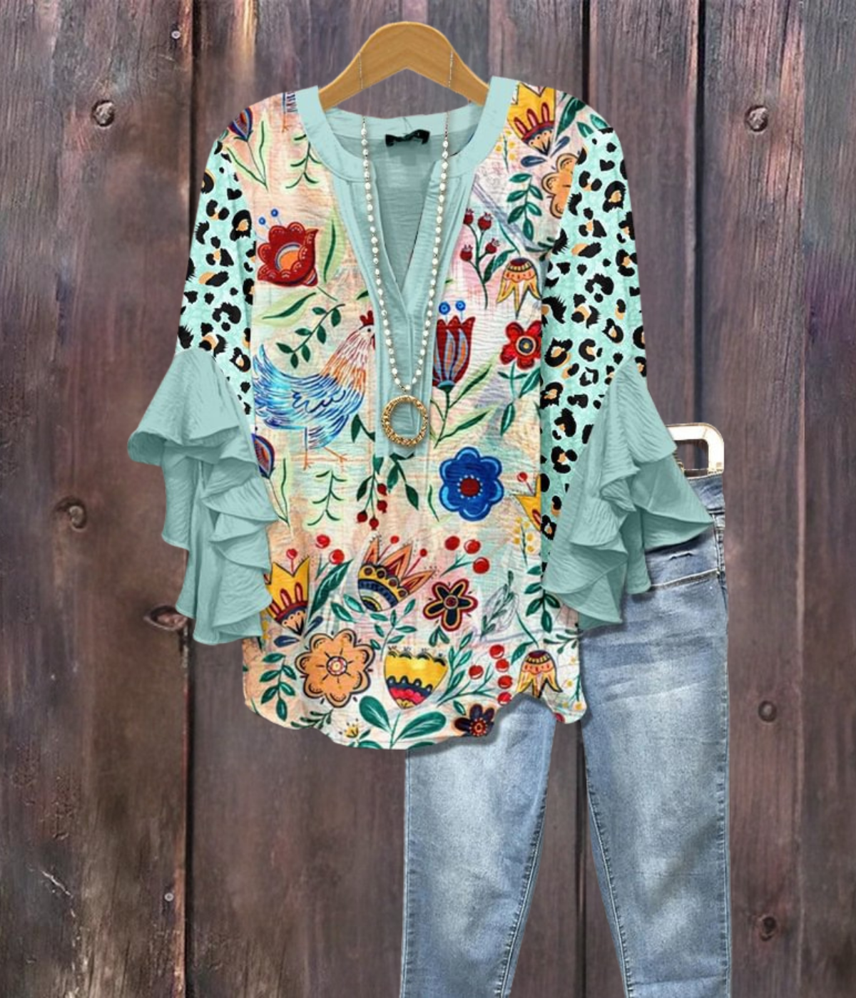 レオパードマルチフローラルプリントVネックシャツ