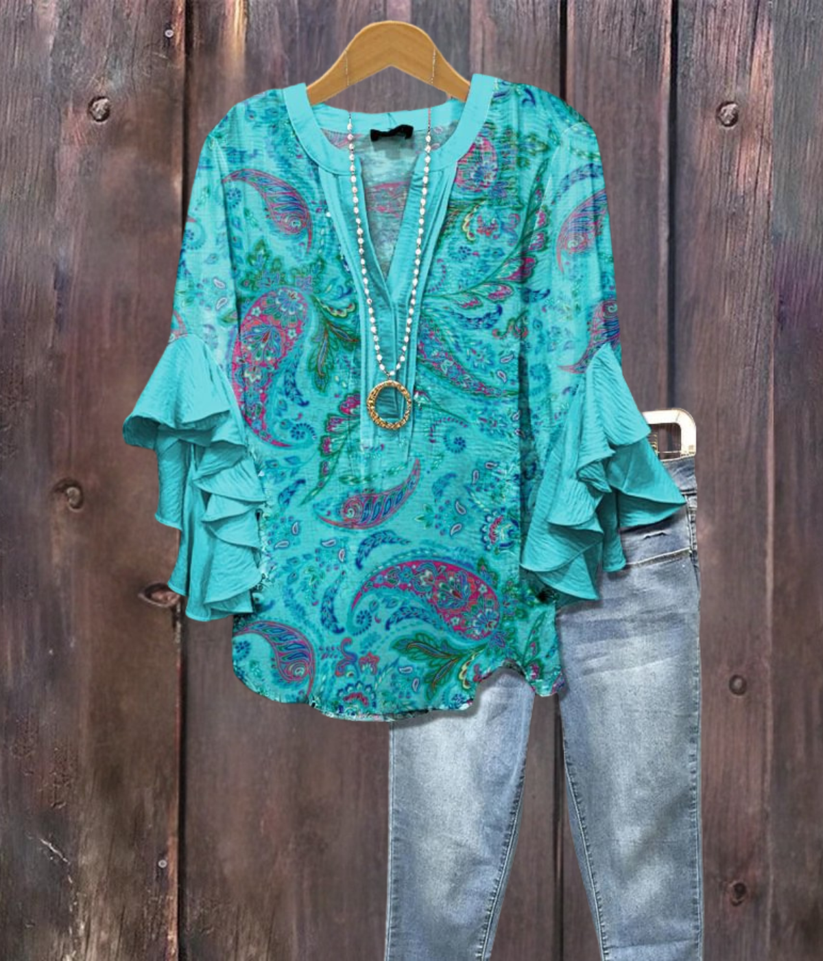 ライトブルー フローラルプリント Vネックシャツ