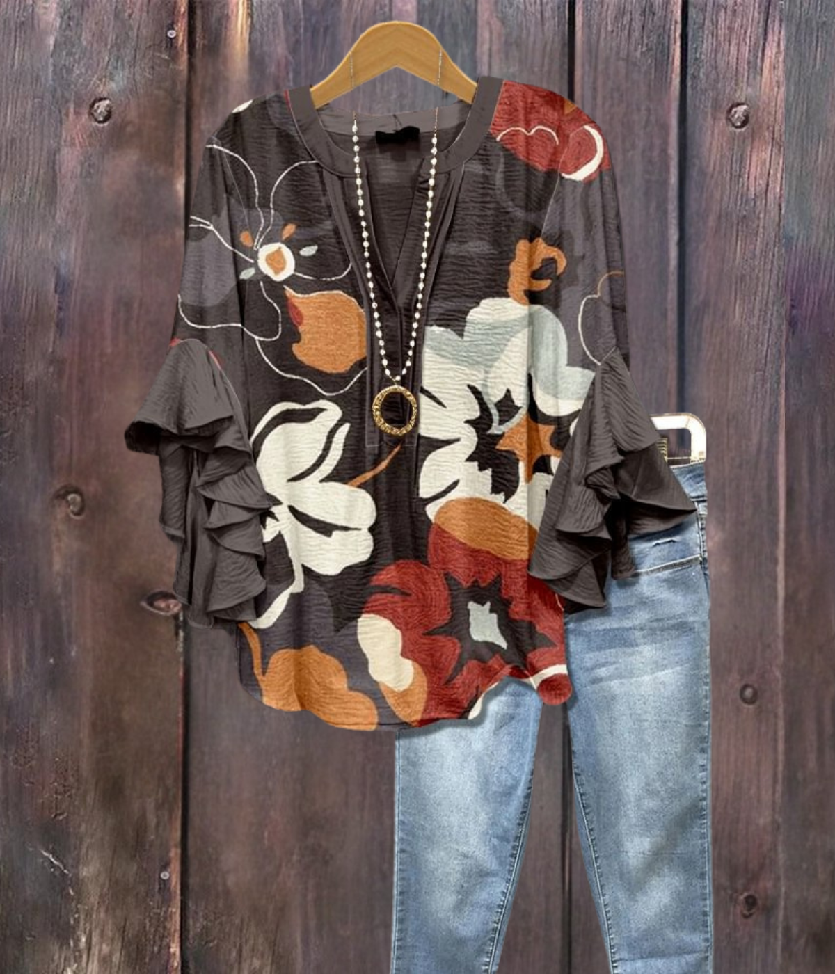 ダークブラウン フローラルプリント Vネックシャツ