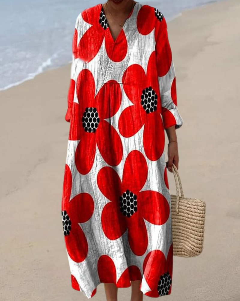 赤い花のプリント