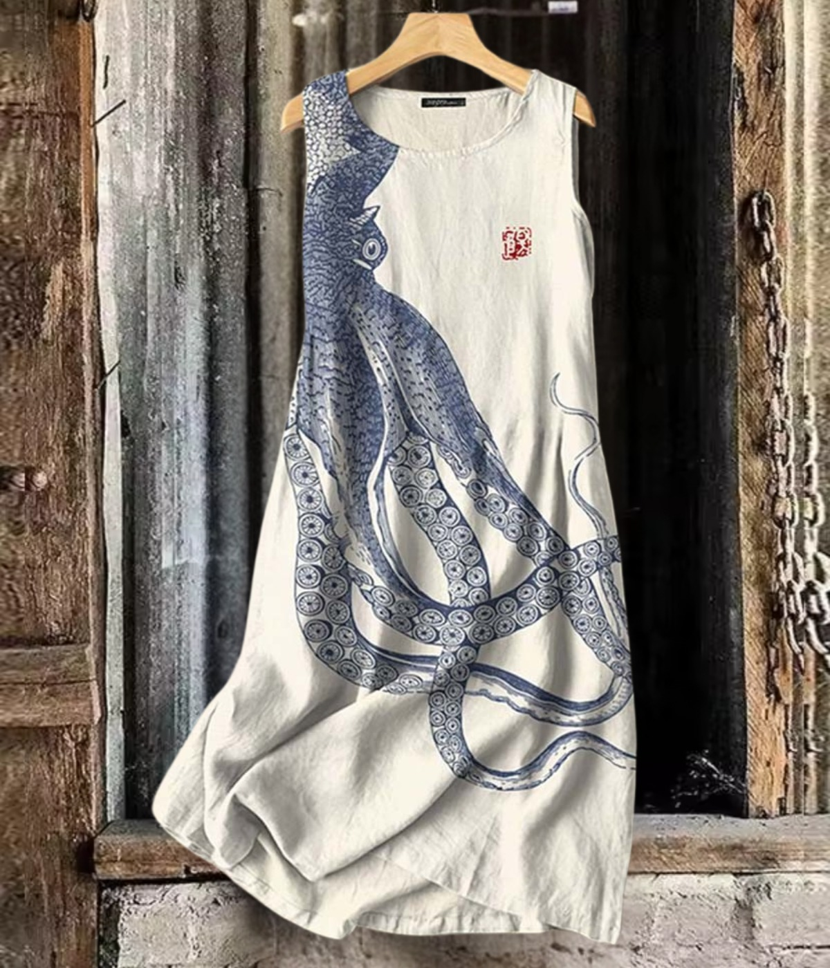 タコプリントノースリーブロングワンピース