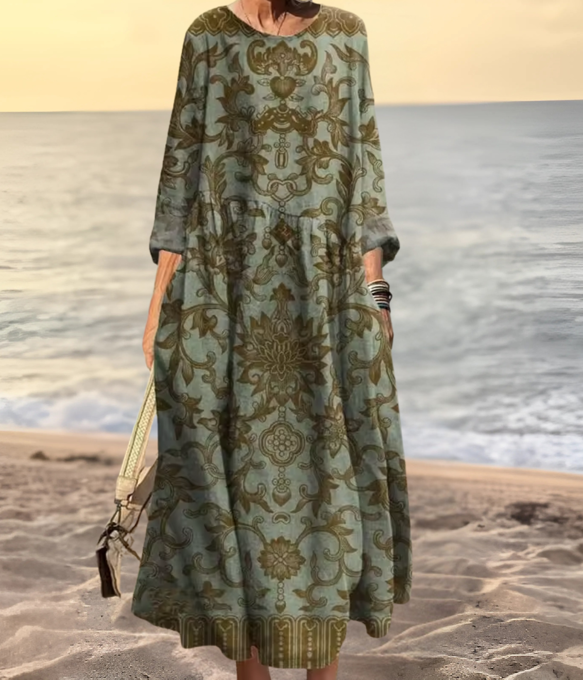 グレーアズテック柄オーバーサイズロングワンピース