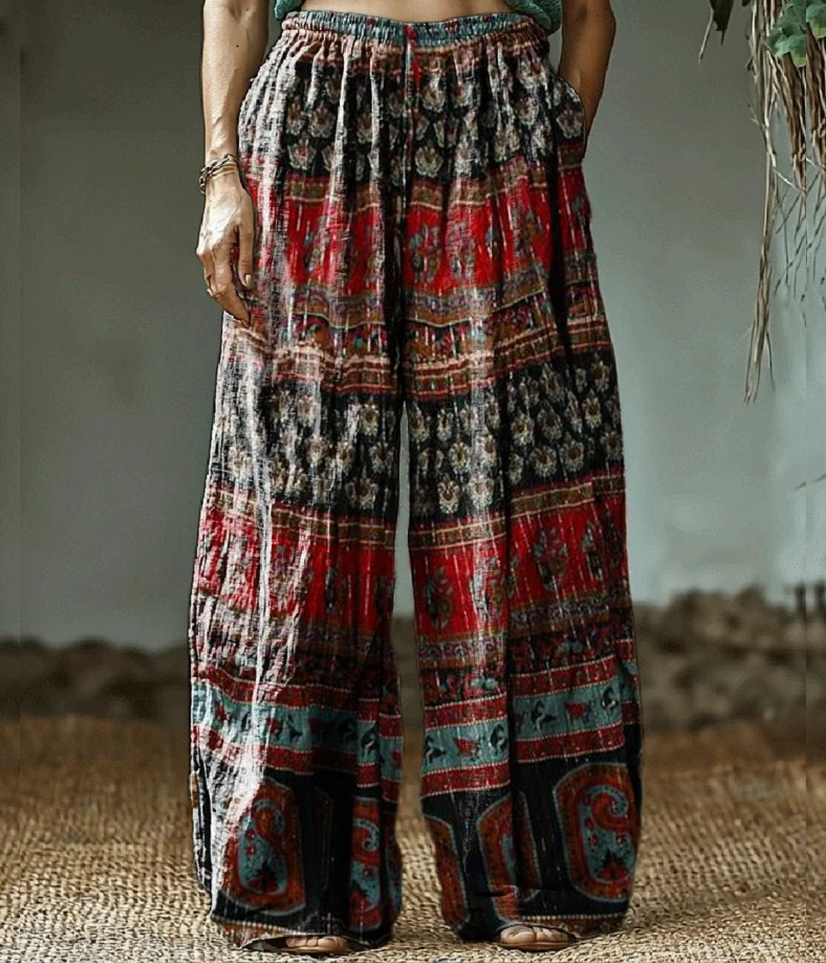 黒赤ヒッピー・アート・プリント・パンツ