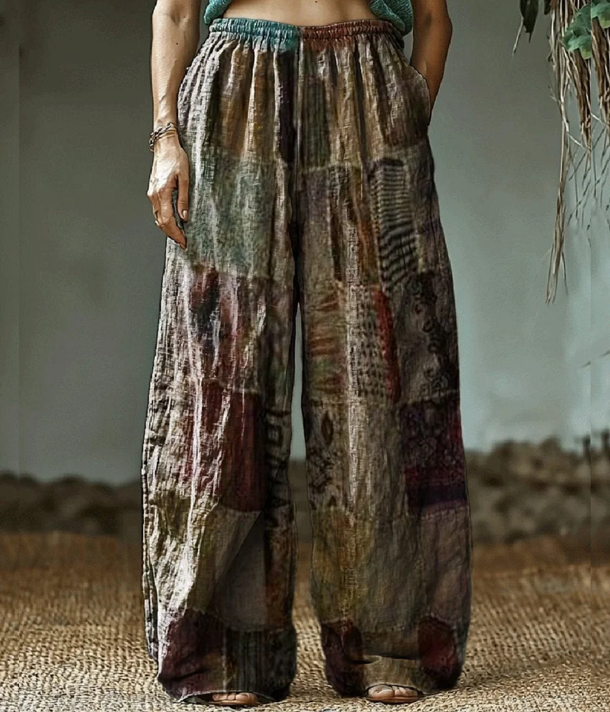 ブラウン・ヒッピー・アート・プリント・パンツ