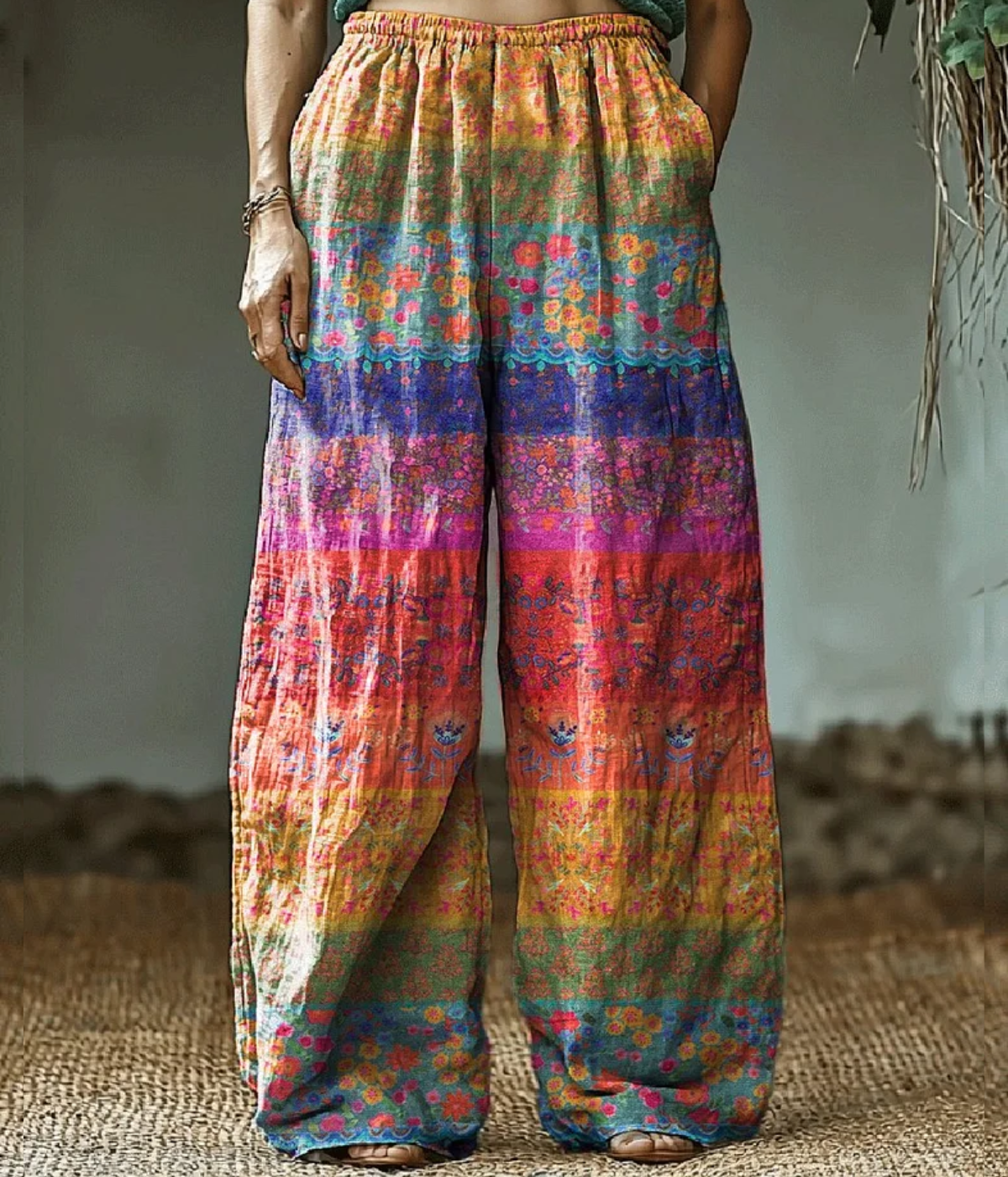 マルチカラー・フローラル・ヒッピー・アート・プリント・パンツ