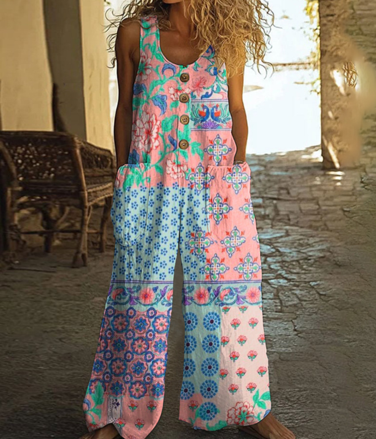 マルチ・フローラル・ボタンアップ・レトロ・ジャンプスーツ