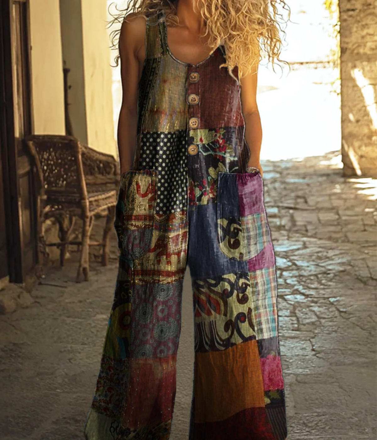 マルチプリント・ボタンアップ・レトロ・ジャンプスーツ