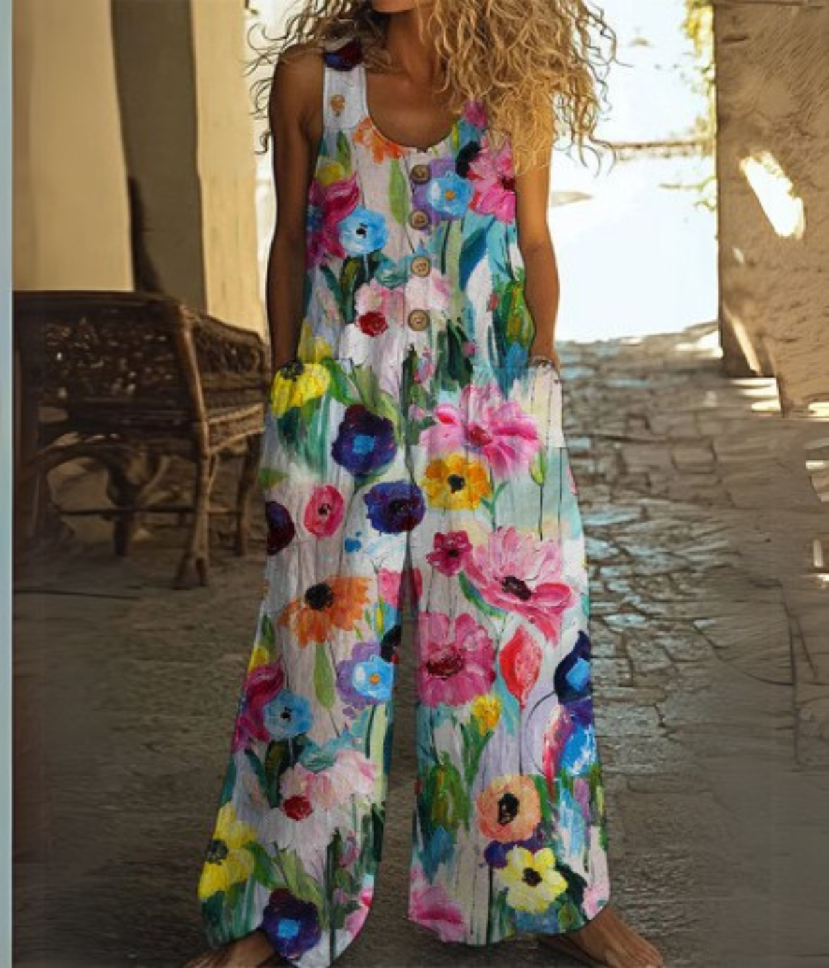 花柄ボタンアップ・レトロ・ジャンプスーツ