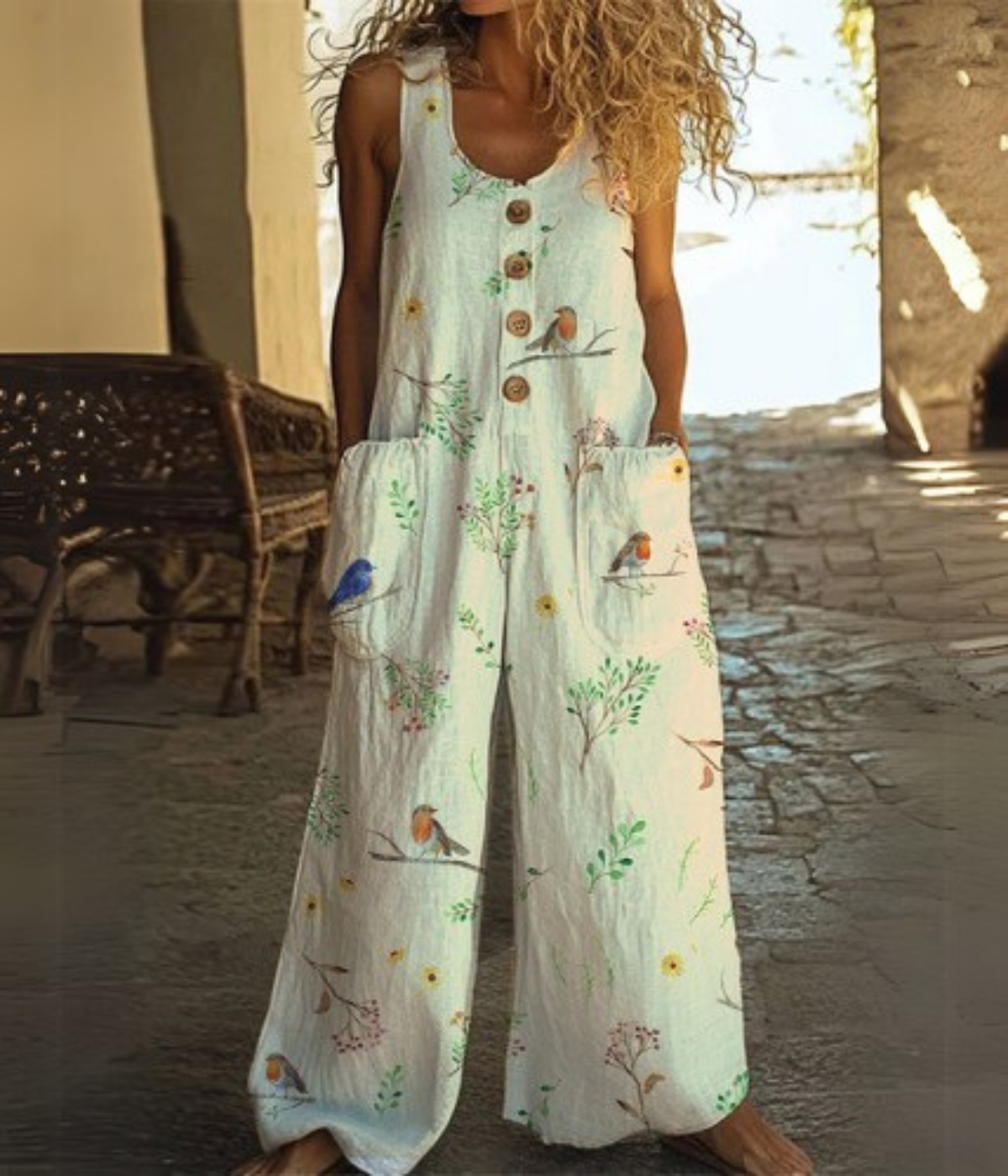 ベージュ・ボタンアップ・レトロ・ジャンプスーツ