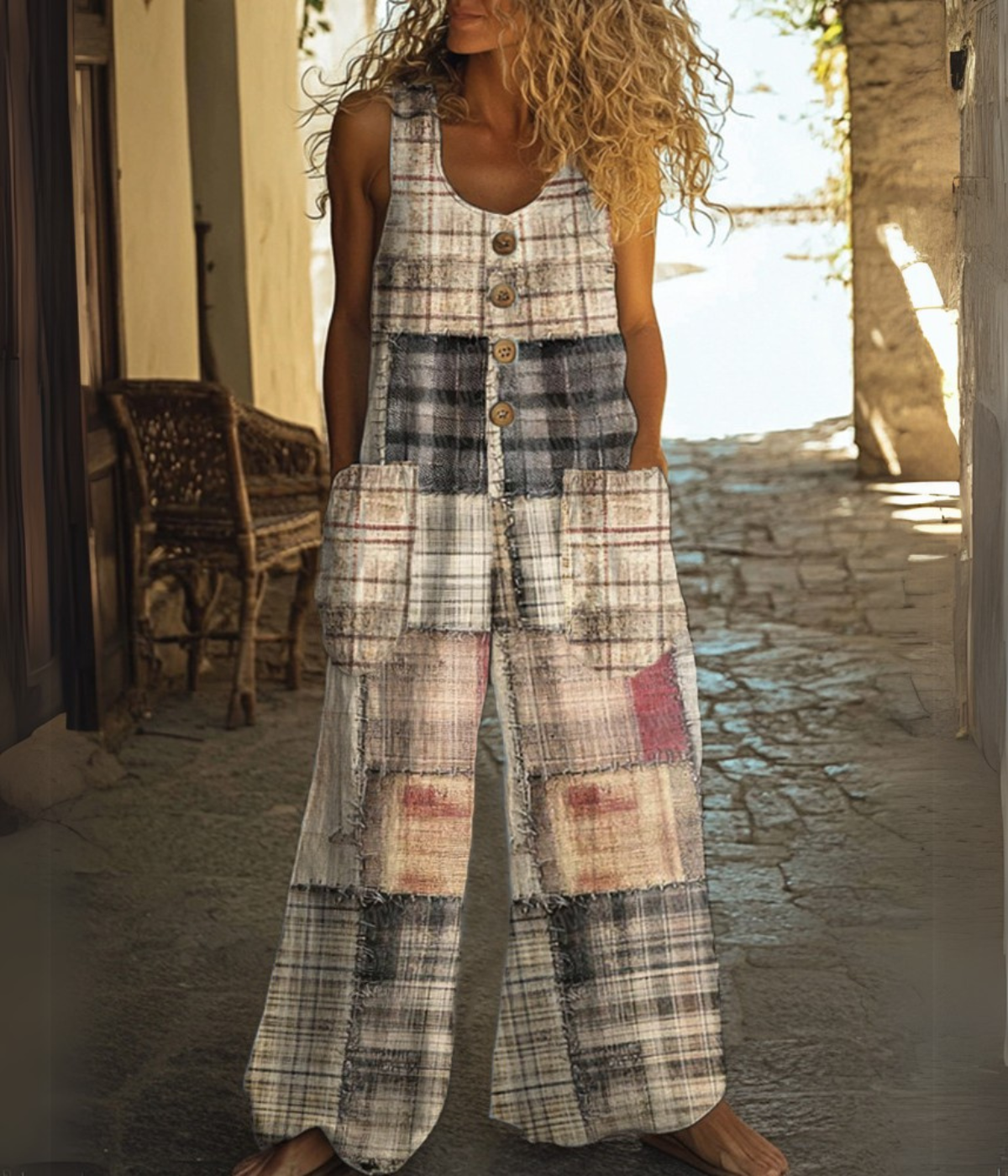 ブラウンのボタンアップ・レトロ・ジャンプスーツ