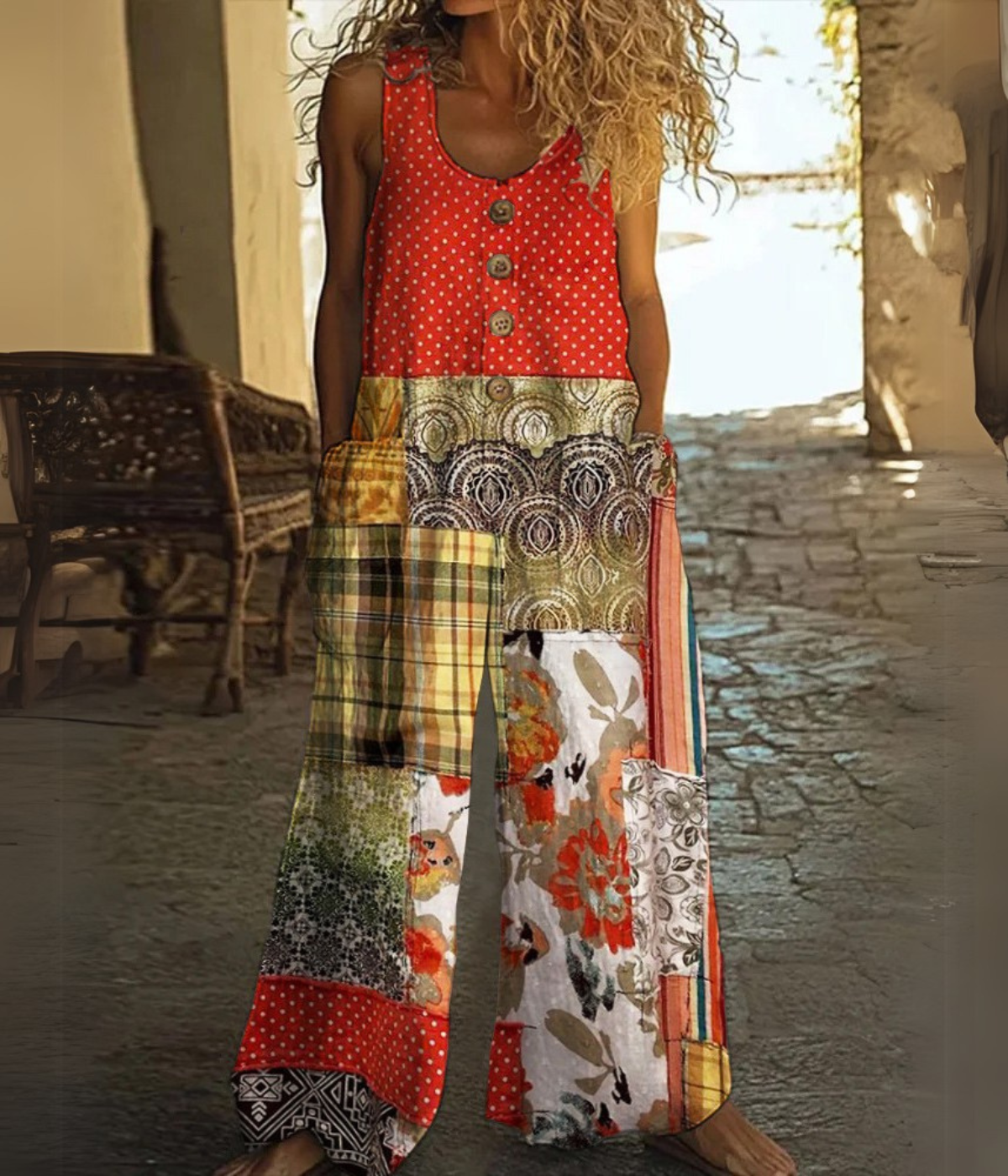 赤いボタンアップ・レトロ・ジャンプスーツ