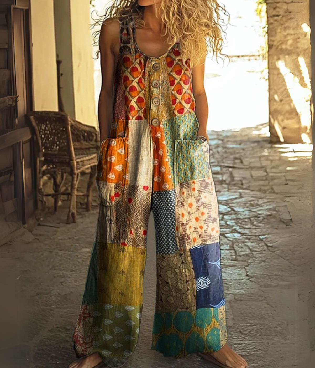 ボヘミアン・ボタンアップ・レトロ・ジャンプスーツ