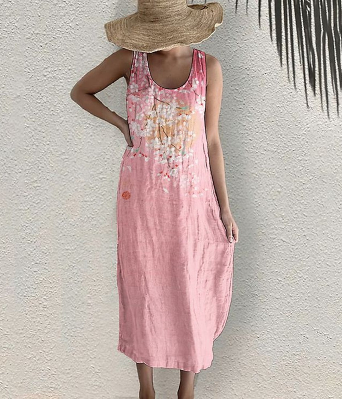 フローラル・ピンクカジュアル・ノースリーブ・ドレス