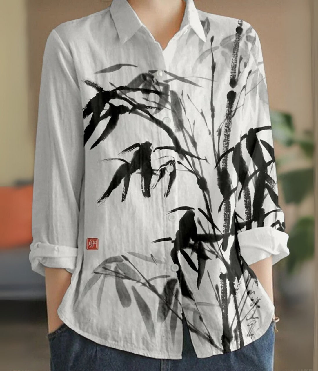 バンブーカラー長袖ブラウス