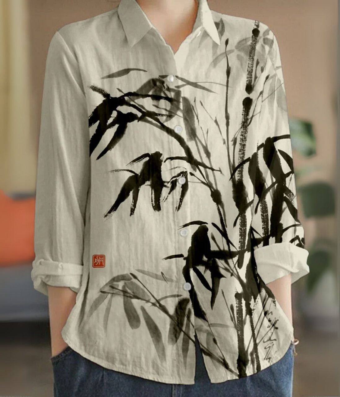 バンブーカラー長袖ブラウス