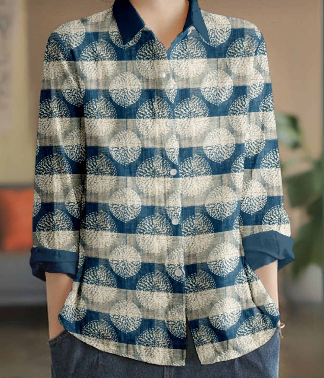 ドットストライプカラー長袖ブラウス