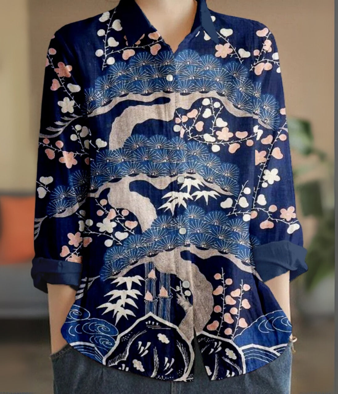 マウンテンカラー長袖ブラウス