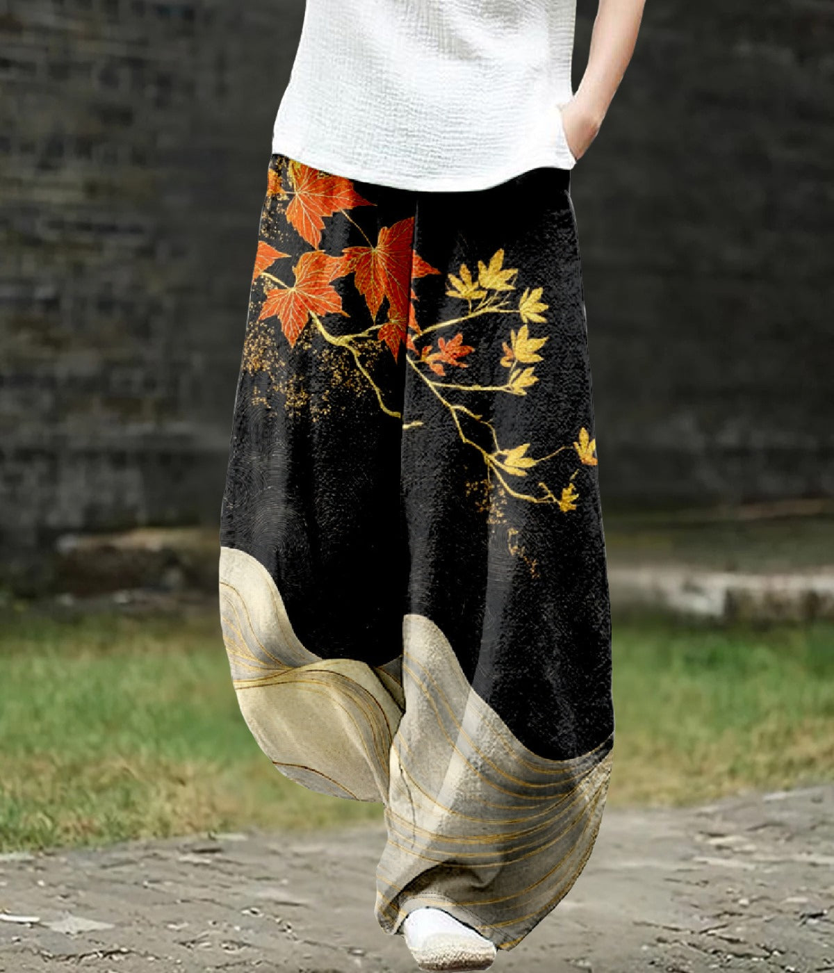 ブラックワイドレッグアートパンツ