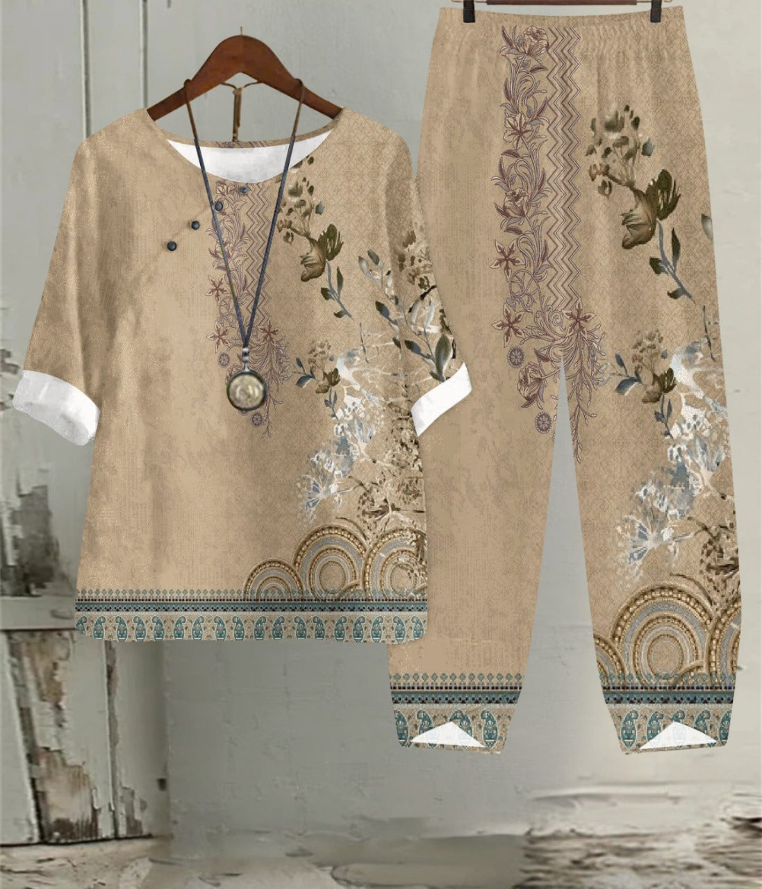 ブラウンの花柄プリント 春のアートセット