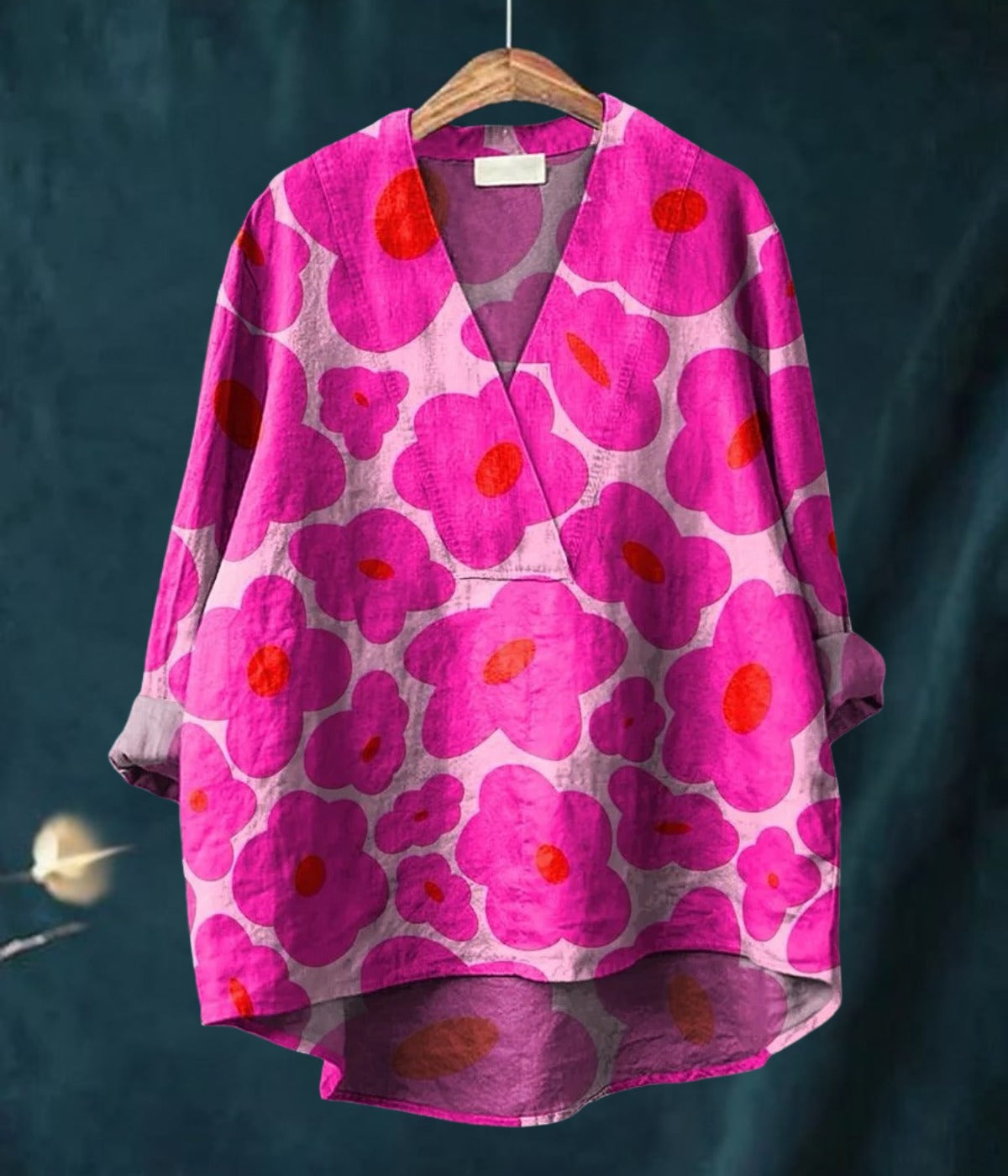 ピンク花柄Vネック長袖ブラウス