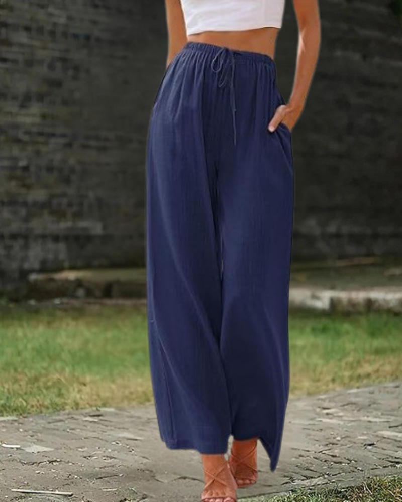 マリンブルーの綿麻パンツ