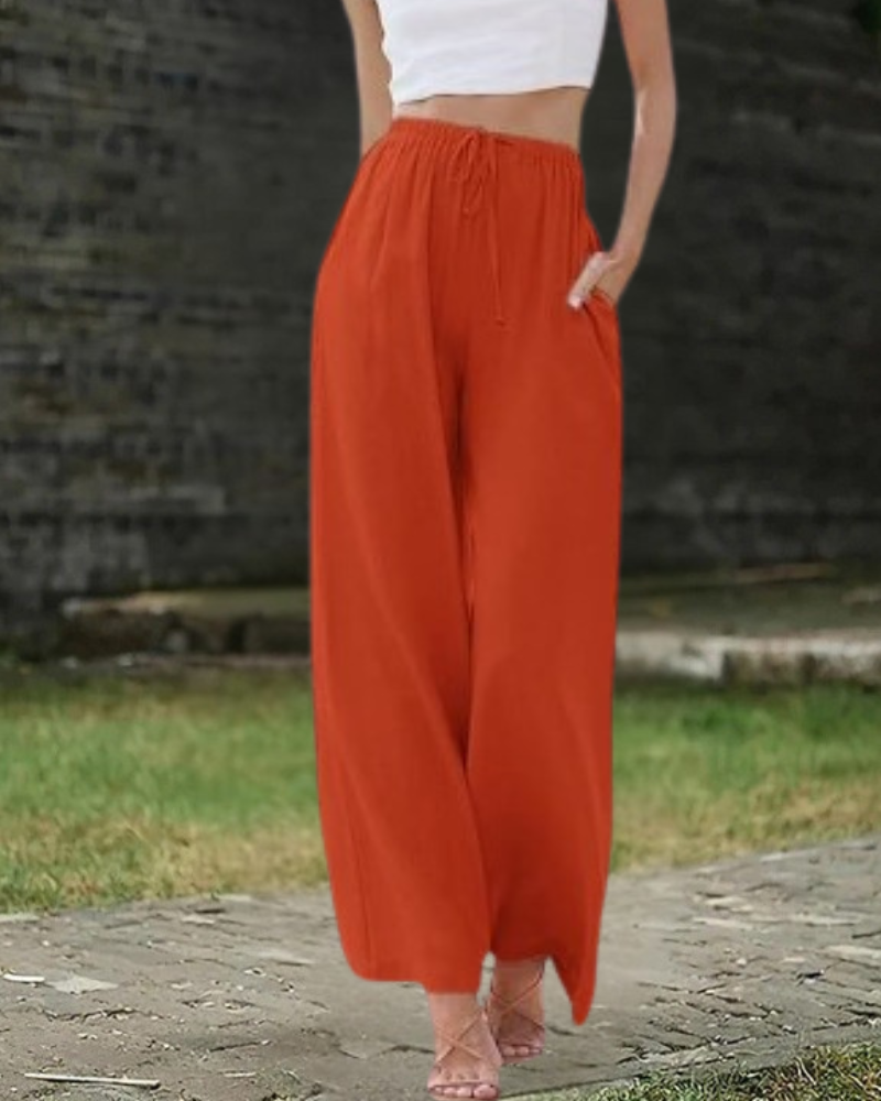 レッドの綿麻パンツ