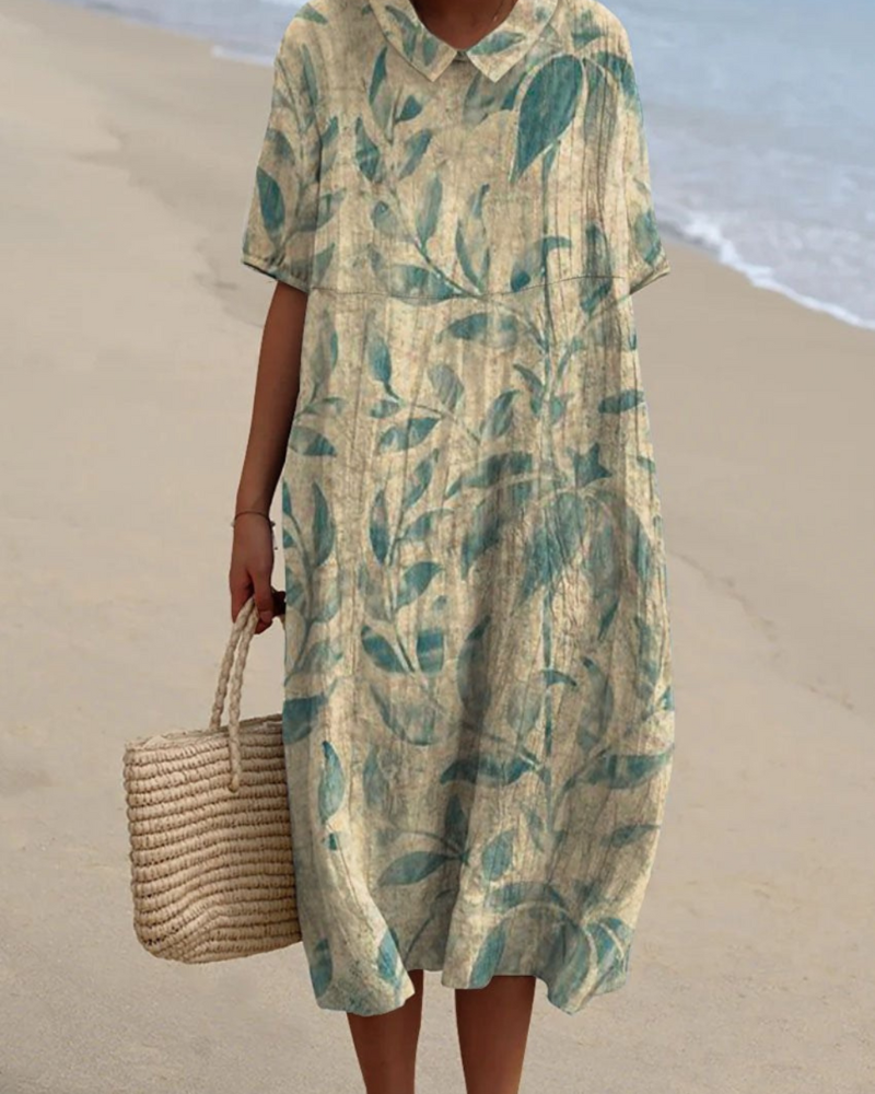 ブルーリーフ柄のプリント襟付きワンピース