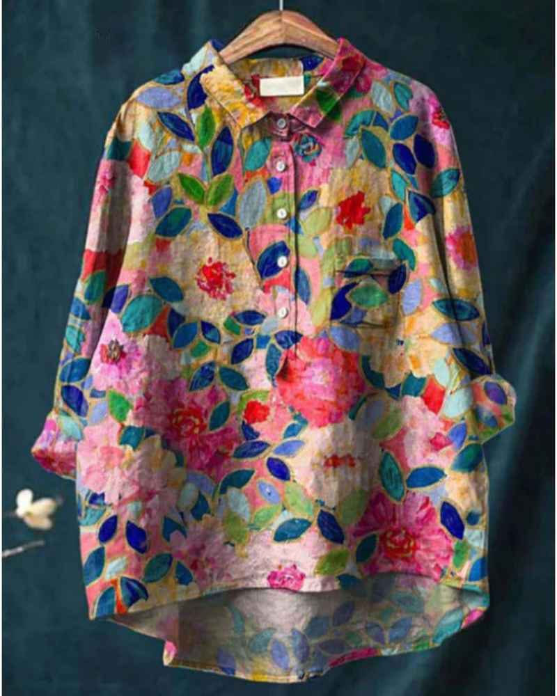 ピンクの花園柄ブラウス