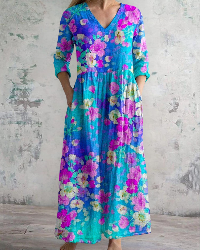 ライトブルー＆ピンクフラワーロングスカート