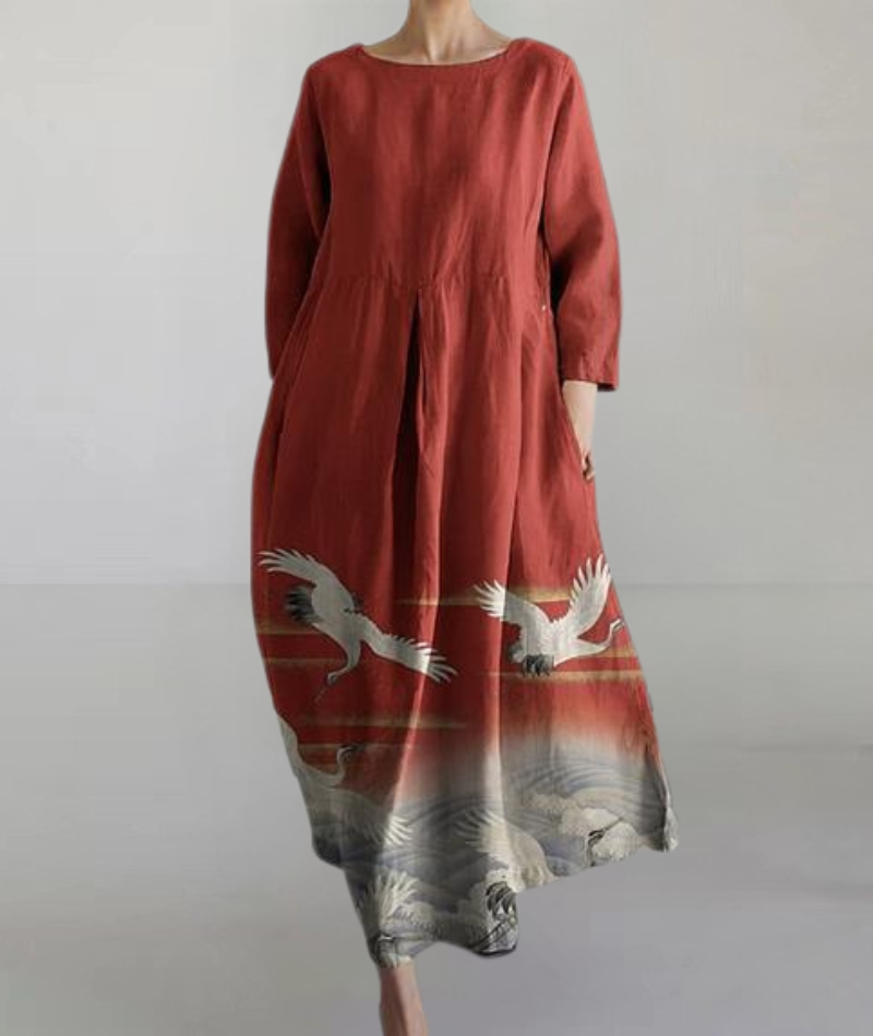 鳥柄のダークレッドのワイドドレス