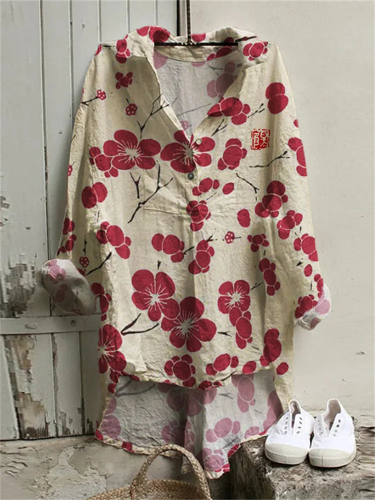 桜モチーフ入りヴィンテージVネックブラウス